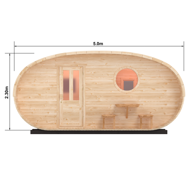 Fasssauna / Gartensauna / Banja / Oval 5,0 m mit Vorraum und Balkon